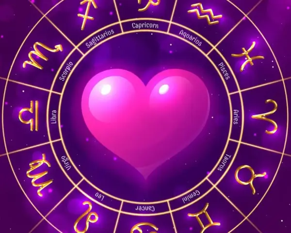 Znak zodiaku 12 listopada to Skorpion. Złote symbole zodiaku otaczają różowe serce na fioletowym tle.