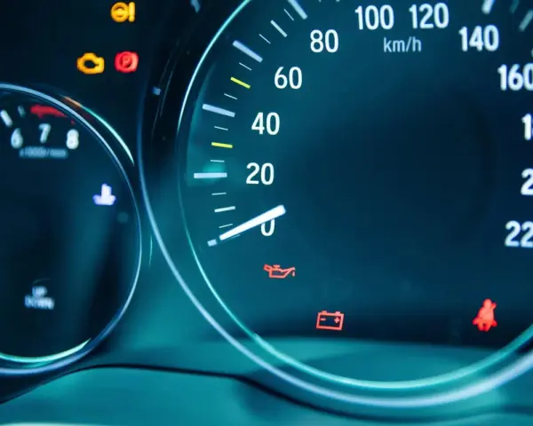 Armaturenbrett mit leuchtenden Warnlampen: Batterie, Öl, Airbag. Die Lichtmaschine defekt ohne Kontrollleuchte ist ein Problem.