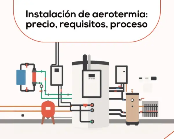 Esquema de instalación de aerotermia para vivienda unifamiliar, mostrando componentes clave y tuberías.