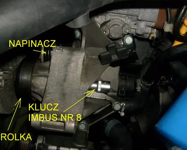 Napinacz paska klinowego Audi A4 B5 1.9 TDI. Klucz imbus nr 8 do regulacji napinacza rolki.