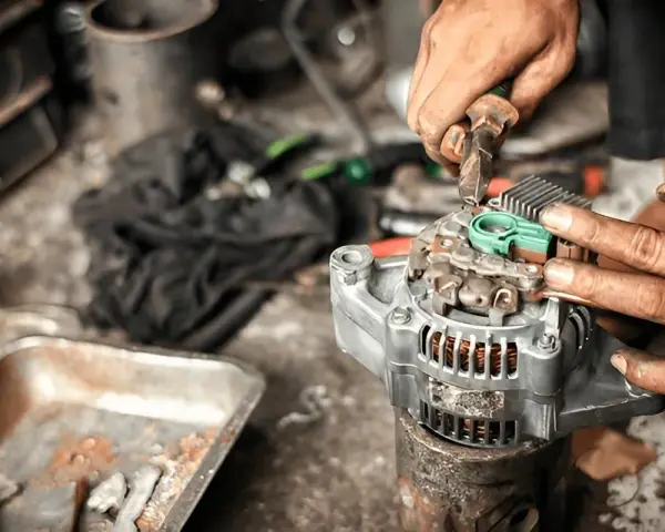 Mechaniker repariert Lichtmaschine, damit das Auto wieder anspringt.