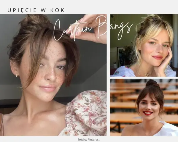 Koki z delikatną grzywką na boki. Trzy kobiety prezentują różne wersje tej fryzury.