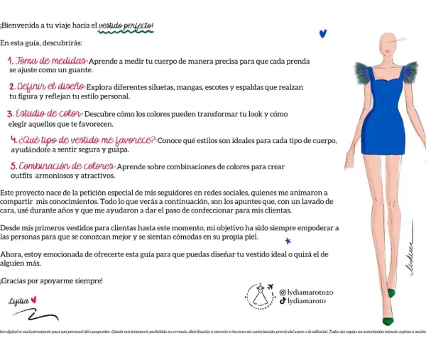 Guía para aprender como diseñar un vestido: toma de medidas, diseño, color y siluetas. Ilustración de un vestido azul y maniquí.