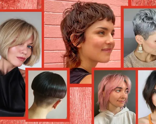 Collage di acconciature con tagli corti pratici: bob biondo, pixie grigio, caschetto a fungo, mullet castano e bob rosa.