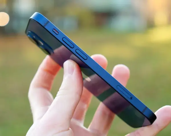 En hand håller en blå iPhone 12 mini grön.