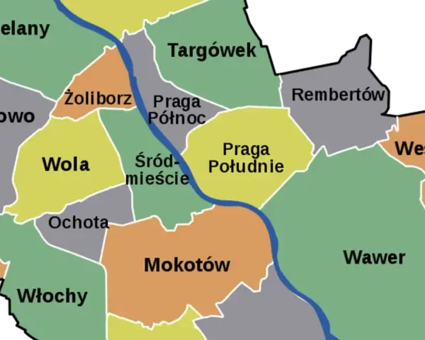 Mapa przedstawia podział na dzielnice Warszawy, w tym Wola, Mokotów, Praga Północ i Południe, Bemowo, Bielany, Żoliborz, Ochota, Ursus, Włochy, Targówek, Rembertów, Wesoła i Wawer.
