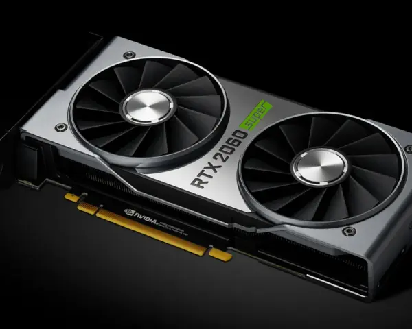 Karta graficzna NVIDIA RTX 2060 Super z dwoma wentylatorami. Jej pamięć karty graficznej zapewnia płynność w grach.