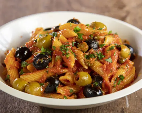 Penne con sugo rosso, olive nere e verdi, capperi e prezzemolo. Un piatto di pasta alla puttanesca invitante e saporito.
