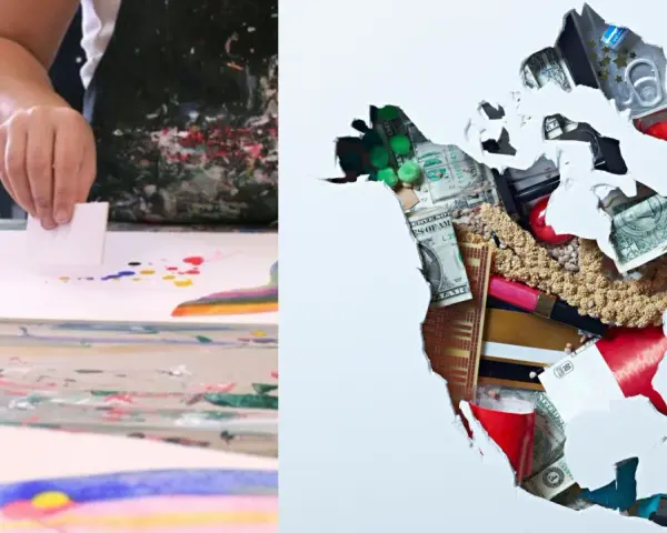 Une main utilise un carré de papier pour étaler de la peinture, une méthode pour peindre sans pinceau. À côté, l'Amérique du Nord est découpée dans du papier, révélant un collage d'argent et d'objets.