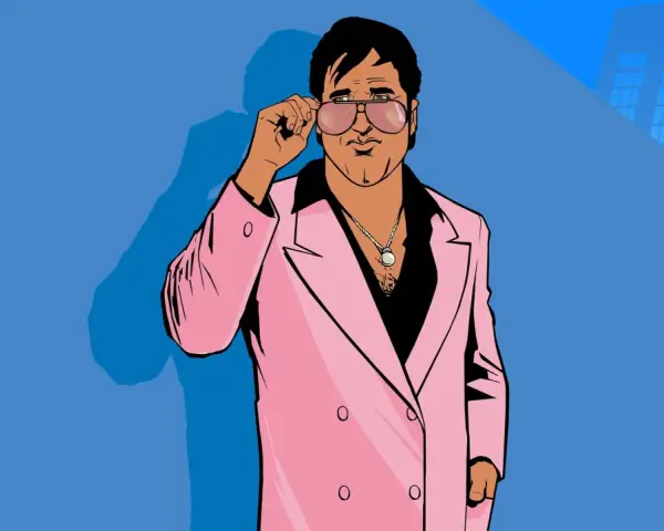 Tommy Vercetti w różowej marynarce poprawia okulary. Szukasz kodów do GTA Vice City?