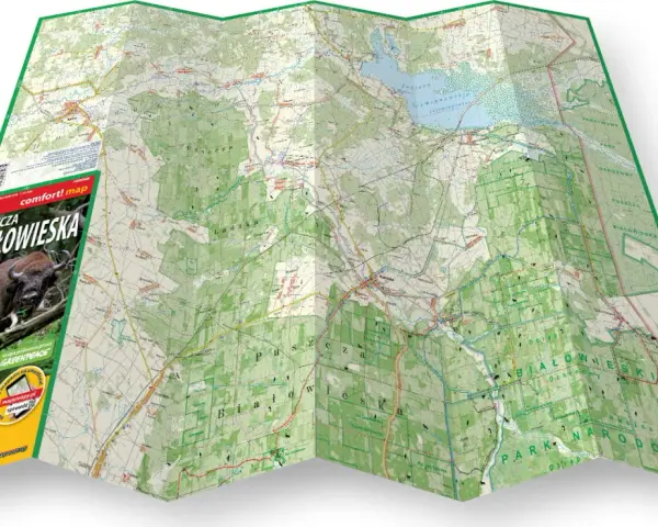 Mapa turystyczna Puszczy Białowieskiej, pokazująca szlaki, jeziora i tereny Parku Narodowego. Idealna, by zaplanować wycieczkę i dowiedzieć się, gdzie jest Puszcza Białowieska.