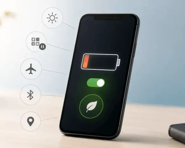 Jak dbać o baterie w telefonie? Ikony sugerują oszczędzanie energii: jasność, tryb samolotowy, Bluetooth, lokalizacja.
