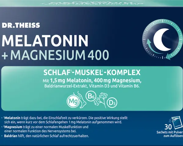 Dr. Theiss Melatonin + Magnesium 400: Schlaf-Muskel-Komplex mit 400mg Magnesium für erholsamen Schlaf. 30 Sachets.