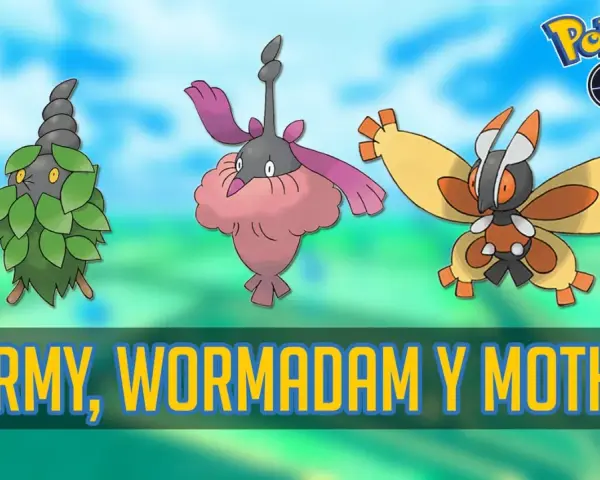 Burmy, Wormadam y Mothim, tres Pokémon de Pokémon GO, listos para la batalla.