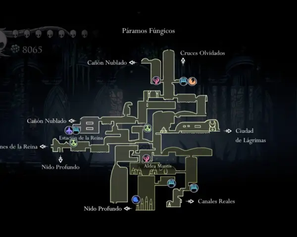 Mapa de Páramos Fúngicos en Hollow Knight. Se ven zonas como Cañón Nublado, Jardines de la Reina y Aldea Mantis, con iconos de larvas.