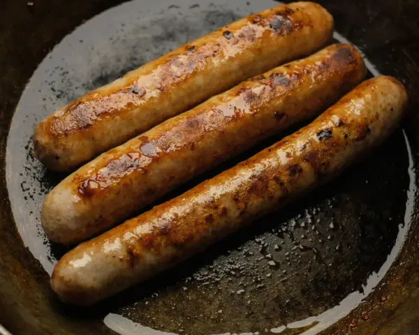 Drei goldbraune Bratwürste brutzeln in einer Pfanne. Perfekt für leckere Bratwurst Rezepte!