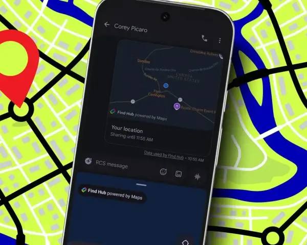 Telefon pokazuje udostępnianie lokalizacji w aplikacji "Find Hub powered by Maps". Widok mapy z zaznaczonym punktem i ikoną pinezki.
