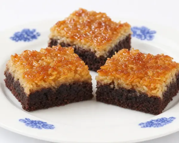 Chokladkakor med kokostosca, perfekta att baka i långpanna. Tre bitar på en vit tallrik med blått mönster.