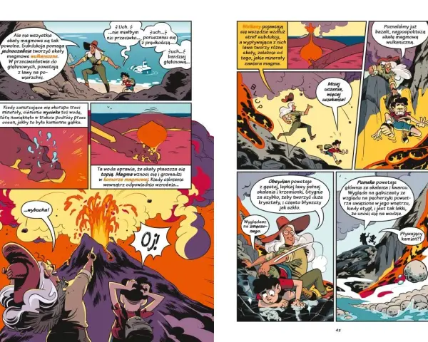 Jak wygląda komiks: naukowcy badają wulkany, lawę i minerały. Dzieci uciekają przed erupcją, a potem obserwują pływające kamienie.
