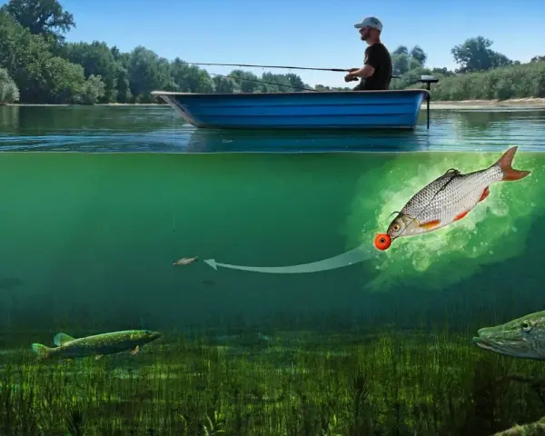 Ein Angler im Boot wirft eine Leine aus. Unter Wasser schnappt ein Hecht nach einem Köderfisch, der wie ein Feuerball aussieht.