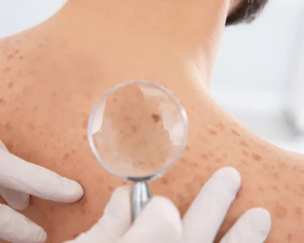 Dermatolog bada znamię na plecach pacjenta przez lupę. Skóra pokryta jest licznymi piegami i znamionami.