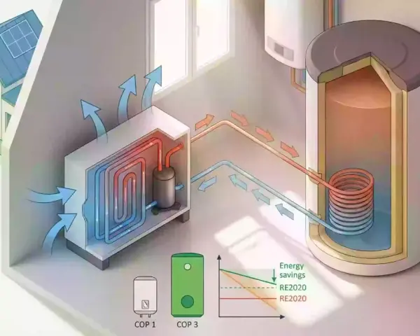 Schéma d'une maison avec un chauffe eau thermodynamique. Le système extrait la chaleur de l'air extérieur pour chauffer l'eau.