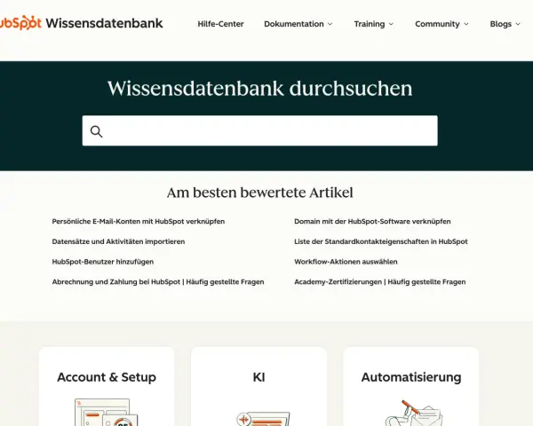 HubSpot Wissensdatenbank: Hier können Sie Ihr Wissen aufbauen und die umfangreiche Datenbank durchsuchen. Finden Sie Antworten auf häufig gestellte Fragen.