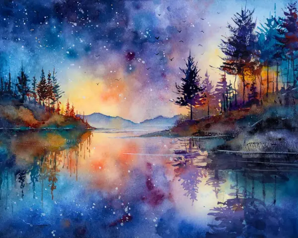 Aquarelle paysage d'un lac paisible reflétant un ciel étoilé aux couleurs vives, avec des silhouettes d'arbres sombres sur les rives.