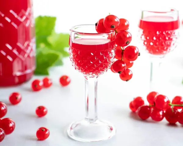 Rote Johannisbeeren schnaps ansetzen: Ein Glas mit rotem Likör, garniert mit frischen Beeren, daneben eine Flasche und weitere Johannisbeeren.