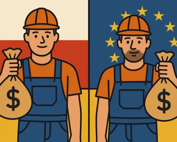 Dwaj pracownicy z workami pieniędzy. Jeden stoi na tle flagi Polski, drugi na tle flagi UE. Porównanie kosztów instalacji elektrycznej.