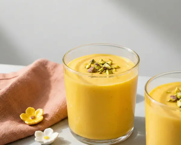 Två glas med krämig mango lassi, toppad med hackade pistagenötter. En rosa duk och små blommor ligger bredvid.