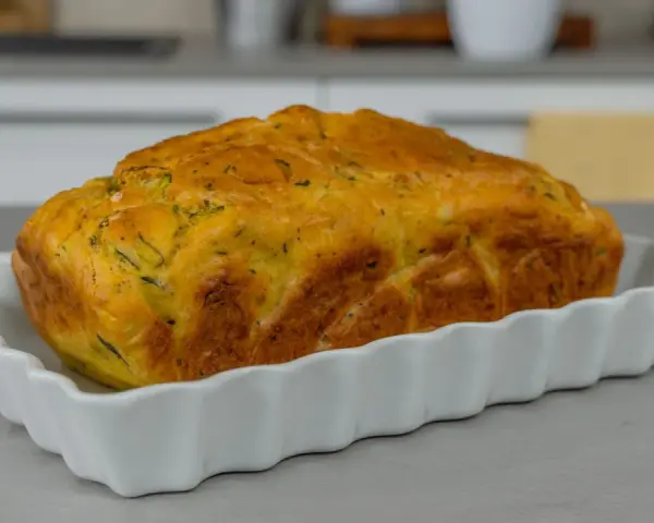 Sformato di zucchine dorato e fragrante, appena sfornato, servito in una pirofila bianca.
