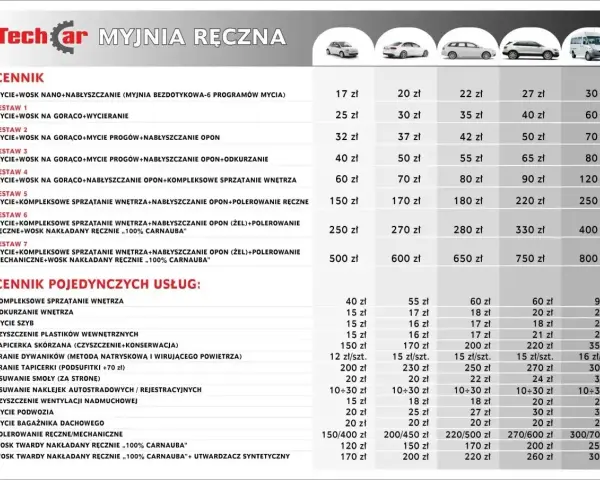 Cennik myjni ręcznej TechCar. Jak korzystać? Wybierz zestaw usług lub pojedynczą usługę, np. mycie z woskiem, odkurzanie wnętrza, polerowanie.