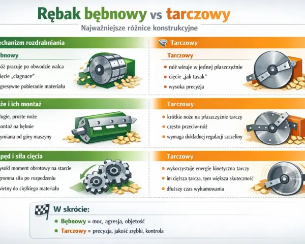 Porównanie rębaków: bębnowy (agresywny, mocny) i tarczowy (precyzyjny, z dobrym wykończeniem zrębki).
