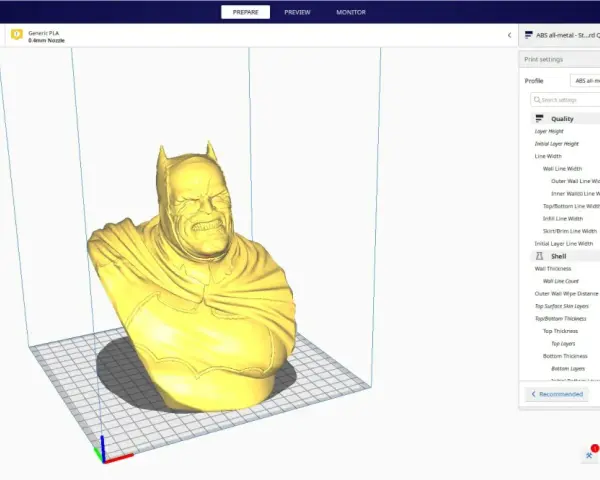 Busta Batmana w programie Ultimaker Cura. Ustawienia druku w zakładce "Print settings" pokazują parametry dla profilu "ABS all-metal".