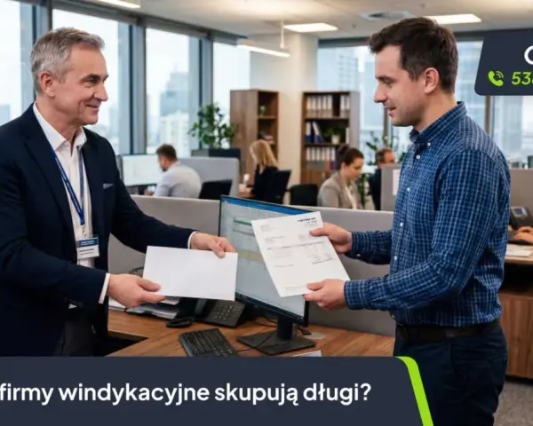 Dwóch mężczyzn w biurze wymienia dokumenty. Pytanie brzmi: za ile firmy windykacyjne skupują długi?