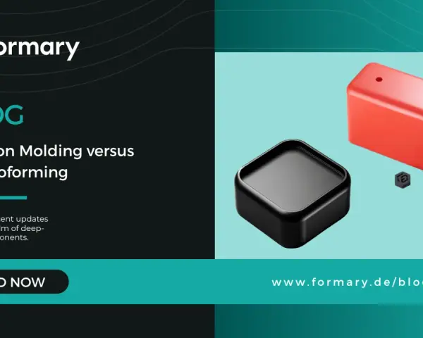 Molded plastic parts: a black square and a red rectangular prism, showcasing different manufacturing techniques.
