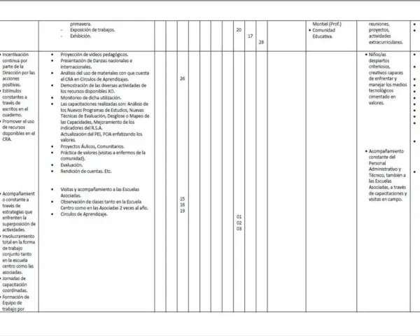 Detalle del plan de operaciones: actividades, capacitaciones, seguimiento y evaluación de recursos XO y R.S.A.