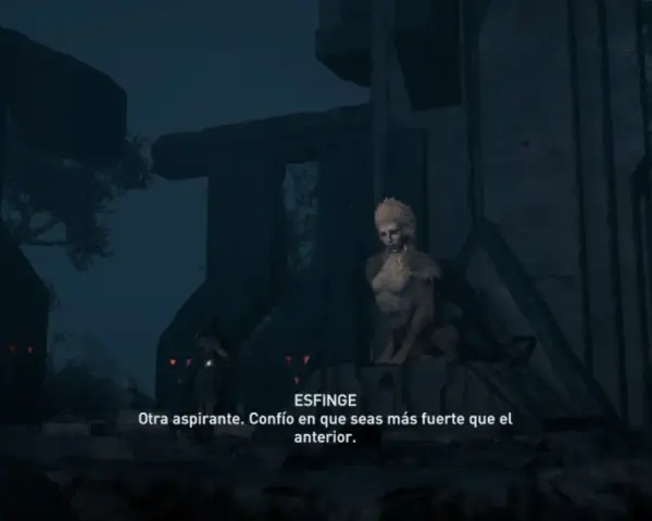 La esfinge de Assassin's Creed Odyssey, con su mirada penetrante, desafía a un aspirante.