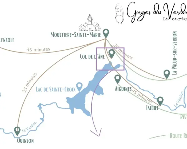 Carte des Gorges du Verdon, idéale pour une randonnée. Elle indique les distances et temps de trajet entre Valensole, Moustiers, Aiguines et le lac de Sainte-Croix.