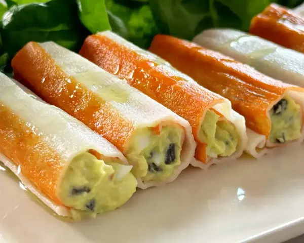Canelones de verano rellenos de aguacate y huevo, listos para disfrutar en un día soleado.