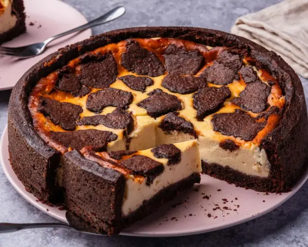 Ein saftiger russischer Zupfkuchen mit dunklem Schokoladenboden und cremiger Füllung, belegt mit zupfartigen Schokoladenstückchen.