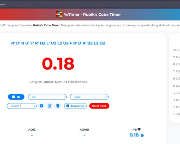 En speed cube timer visar en tid på 0.18 sekunder, vilket är ett nytt personbästa. Kubens lösningssteg visas ovanför.