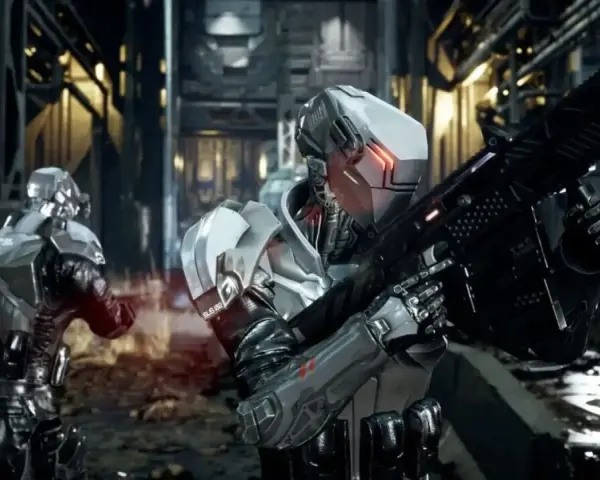 Soldados cibernéticos en Neo Berlin 2087, uno con rifle futurista, listos para la acción en un entorno urbano sombrío.