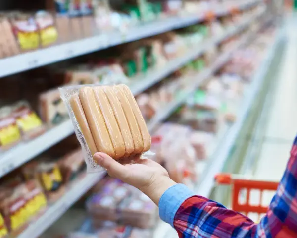 Ręka trzyma paczkę parówek w supermarkecie. Zastanawiasz się, ile kalorii ma parówka?