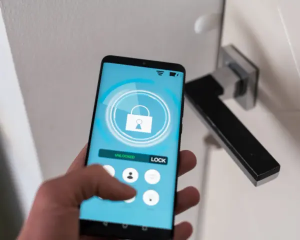 Smartfon z aplikacją hotelową pokazuje, jak się zameldować w hotelu, odblokowując drzwi.