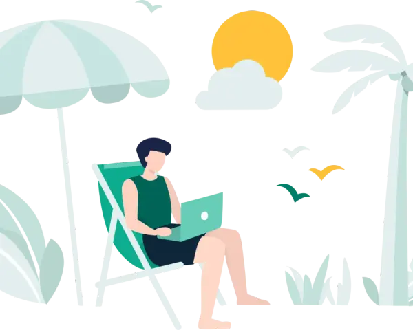 Mężczyzna pracuje na laptopie pod parasolem plażowym, marząc o wakacjach ZUS 2025. Palmy i słońce dopełniają tropikalny klimat.