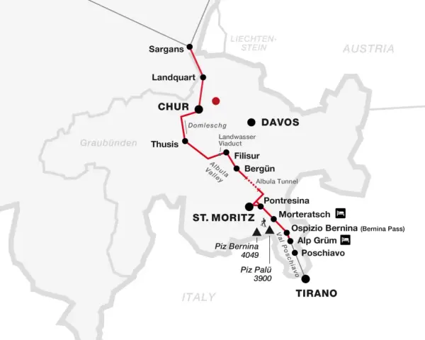 Mapa tras **kolei retyckich** z zaznaczonymi miastami: Chur, Davos, St. Moritz, Tirano. Widoczne Albulatunnel i przełęcz Bernina.