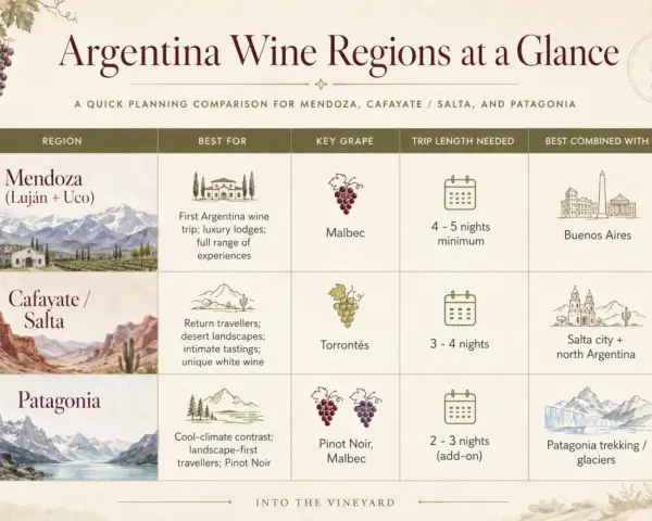 Mendoza, Argentina: ideal for first wine trips, luxury lodges, and Malbec. Plan 4-5 nights. Combine with Buenos Aires.
