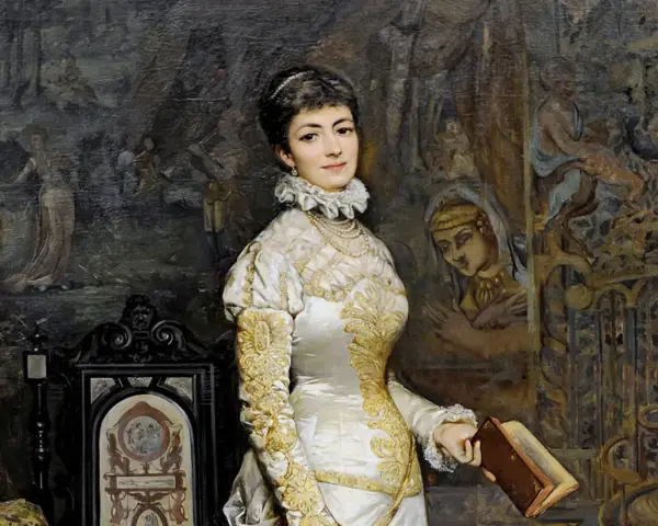 Portret Heleny Modrzejewskiej, symbolizujący jej bogatą biografia. Aktorka w bogatej sukni trzyma książkę, w tle malowidła.